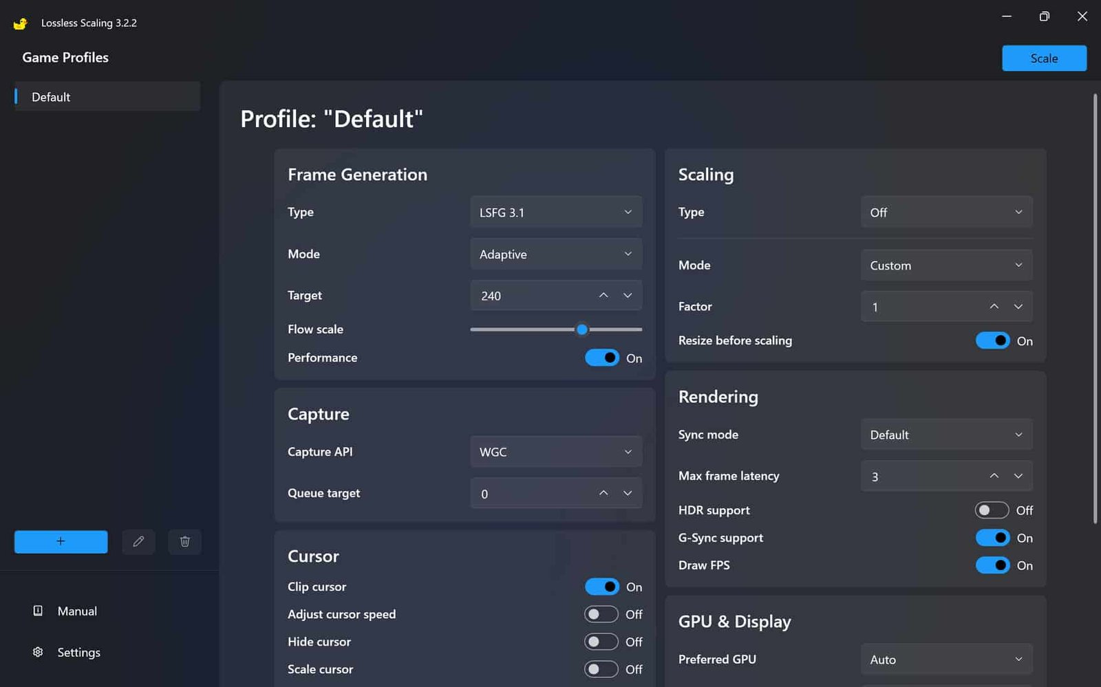 Lossless Scaling settings UI showing frame generation, scaling, and rendering options