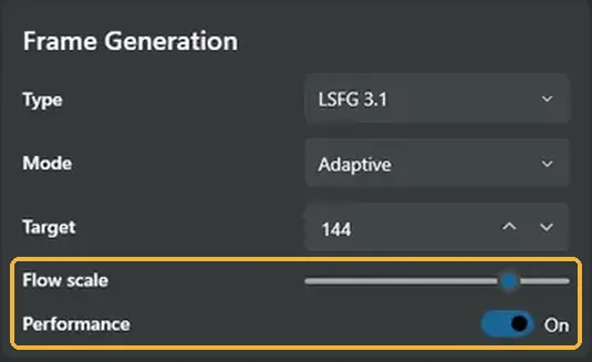 Frame Generation settings with Flow scale and Performance mode highlighted