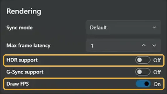 Rendering settings with HDR support and Draw FPS highlighted