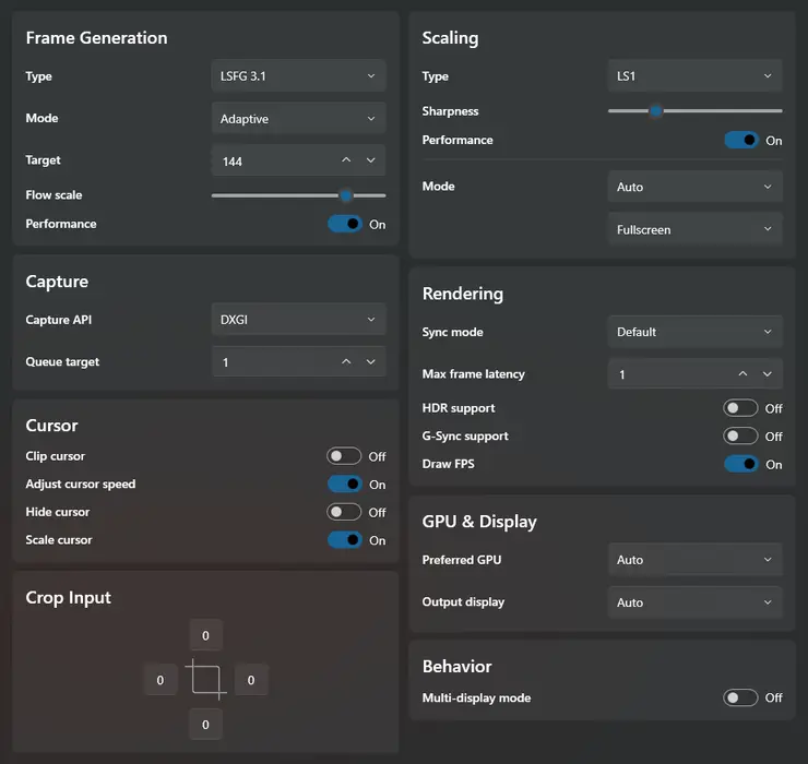 My Lossless Scaling settings profile for 144 FPS: LSFG 3.1 Adaptive, LS1 scaling, DXGI capture