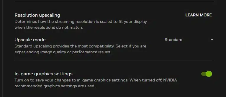 GeForce Now resolution upscaling and in-game graphics settings