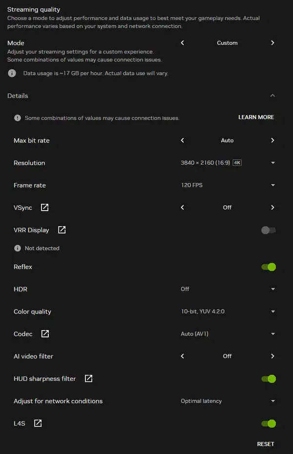 My GeForce Now Ultimate streaming settings: 3840x2160 at 120 FPS, AV1 codec, Reflex and L4S on, about 17 GB per hour